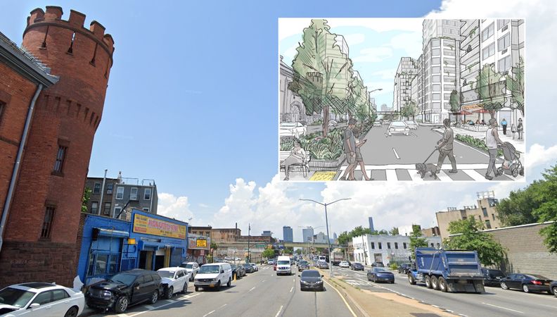 A photo of Atlantic Avenue in Brooklyn, showing low-rise industrial buildings along a multi-lane street, with an inset rendering of taller buildings
